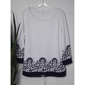 T by Talbots Navy White Floral Paisley Drawstring-Hem 3/4 Sleeve Blouse Size L